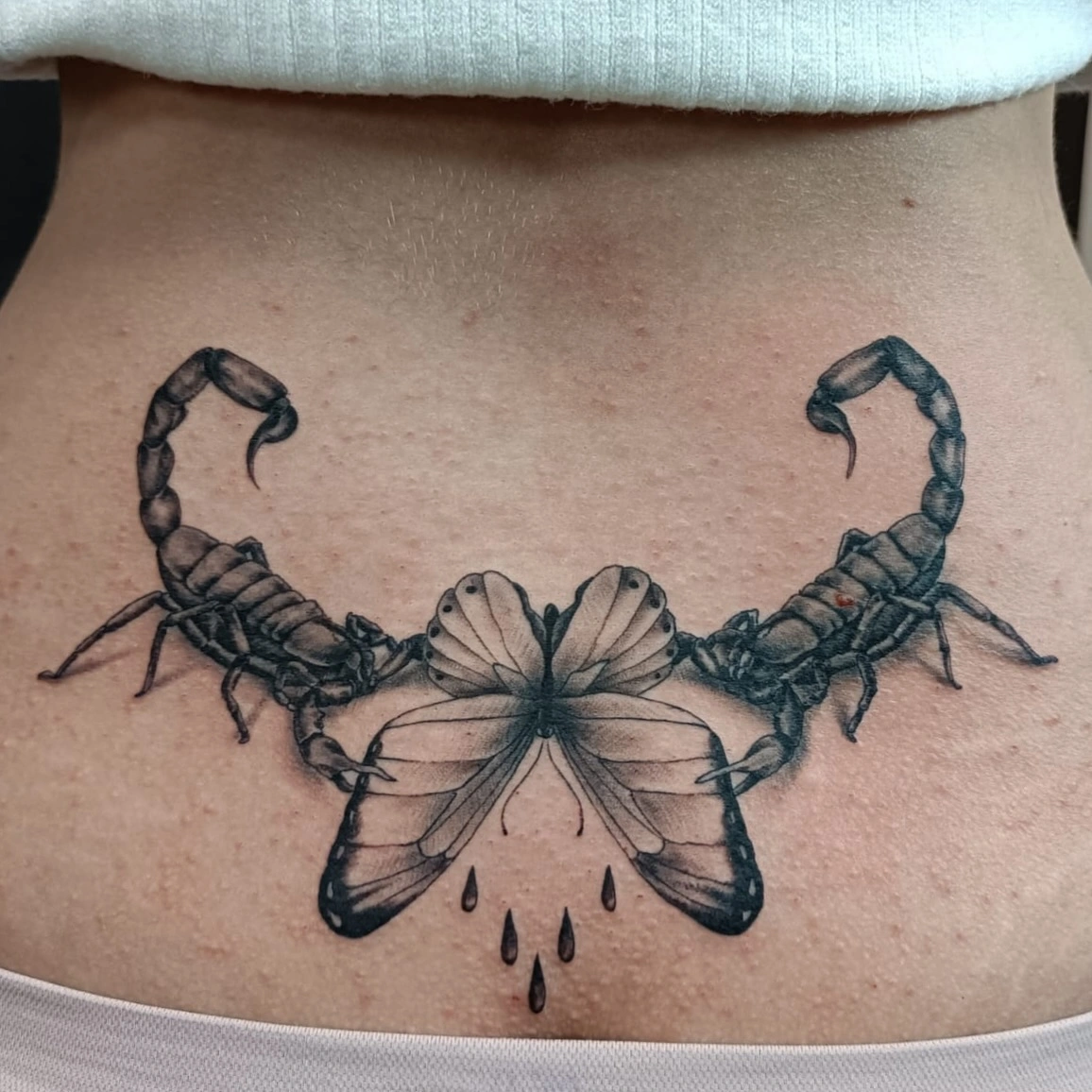 Tatuaj simetric cu doi scorpioni și un fluture pe spate