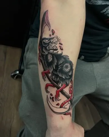 Tatuaj de șobolan cu elemente roșii pe antebraț
