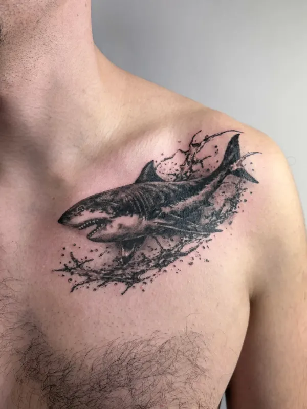 Tatuaj realist cu un rechin, plasat pe pieptul unei persoane